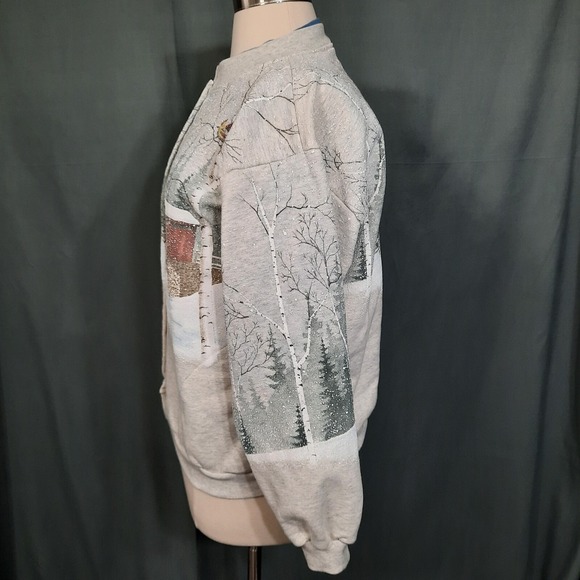 VTG Winter Scene Sweatshirt Wrap Around All Over Print Womens XL Horses Cardinal - Picture 5 of 13